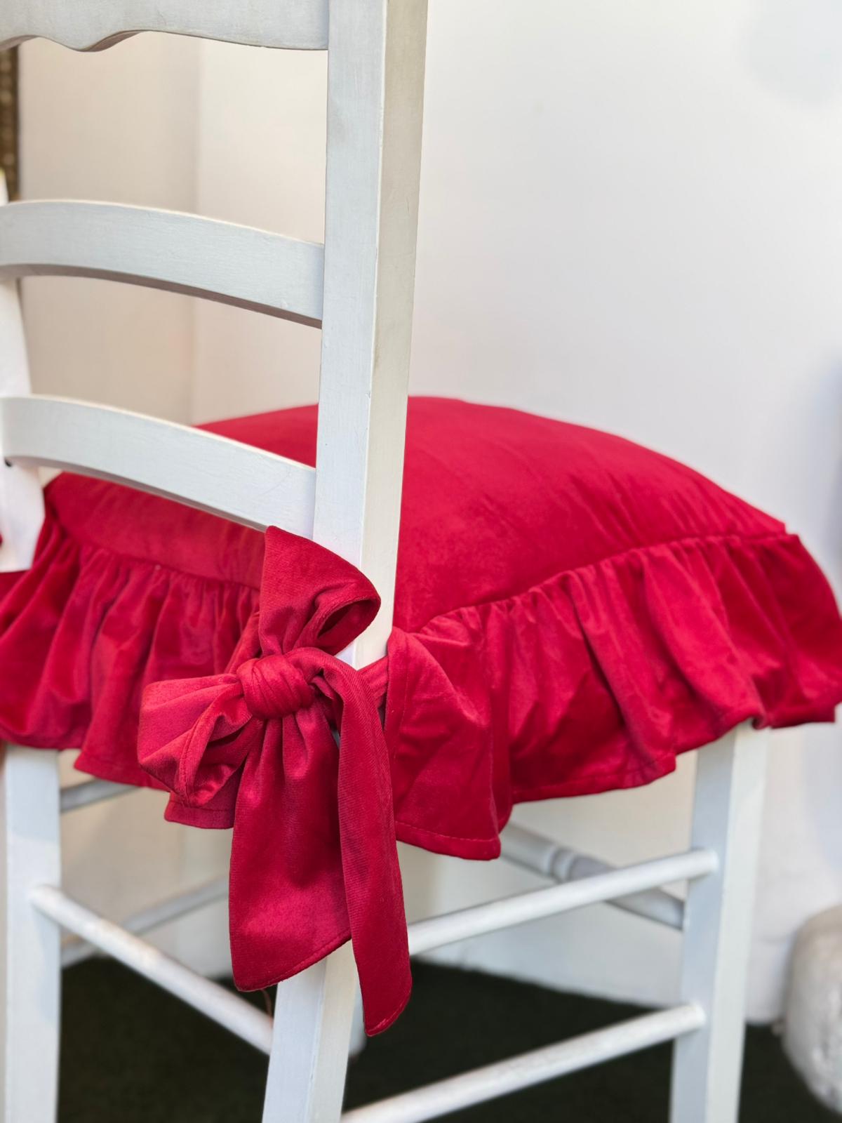 Cuscino da sedia in velluto rosso con balza - 45x45 cm - Clodette